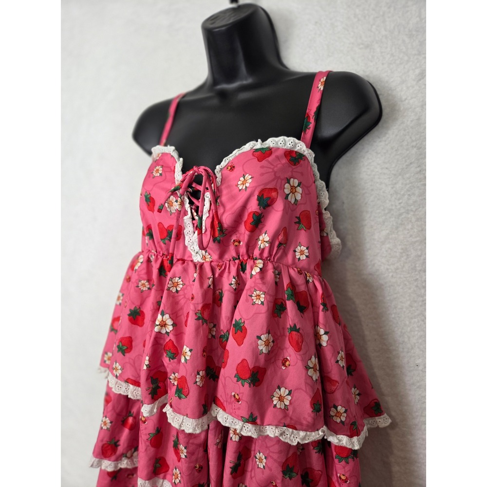 Dolls Kill x Strawberry Shortcake Pink Tiered Ruffle Mini Dress Eyelet Lace M - Picture 9 of 14